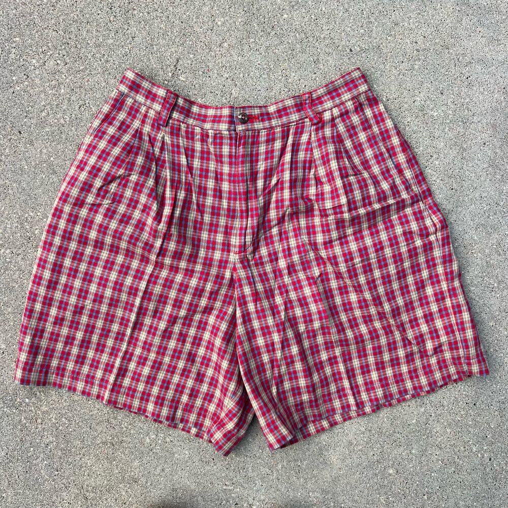 Vintage 90s Liz Sport red tan plaid high waist pleated wide leg mom shorts